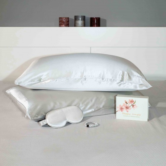 Combo Σετ Μαξιλαροθήκη + Μάσκα Ύπνου + Slim Scrunchie Mulberry Silk Silver Grey Combo Προσφορές